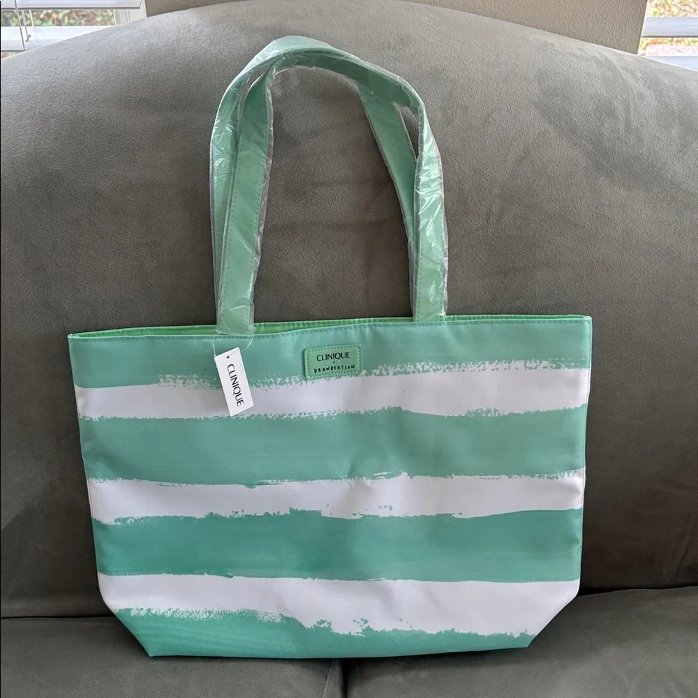 NWT Clinique x Drawbertson Mint & White Striped Lined Tote Bag Boho Beach Vaca - Picture 3 of 8